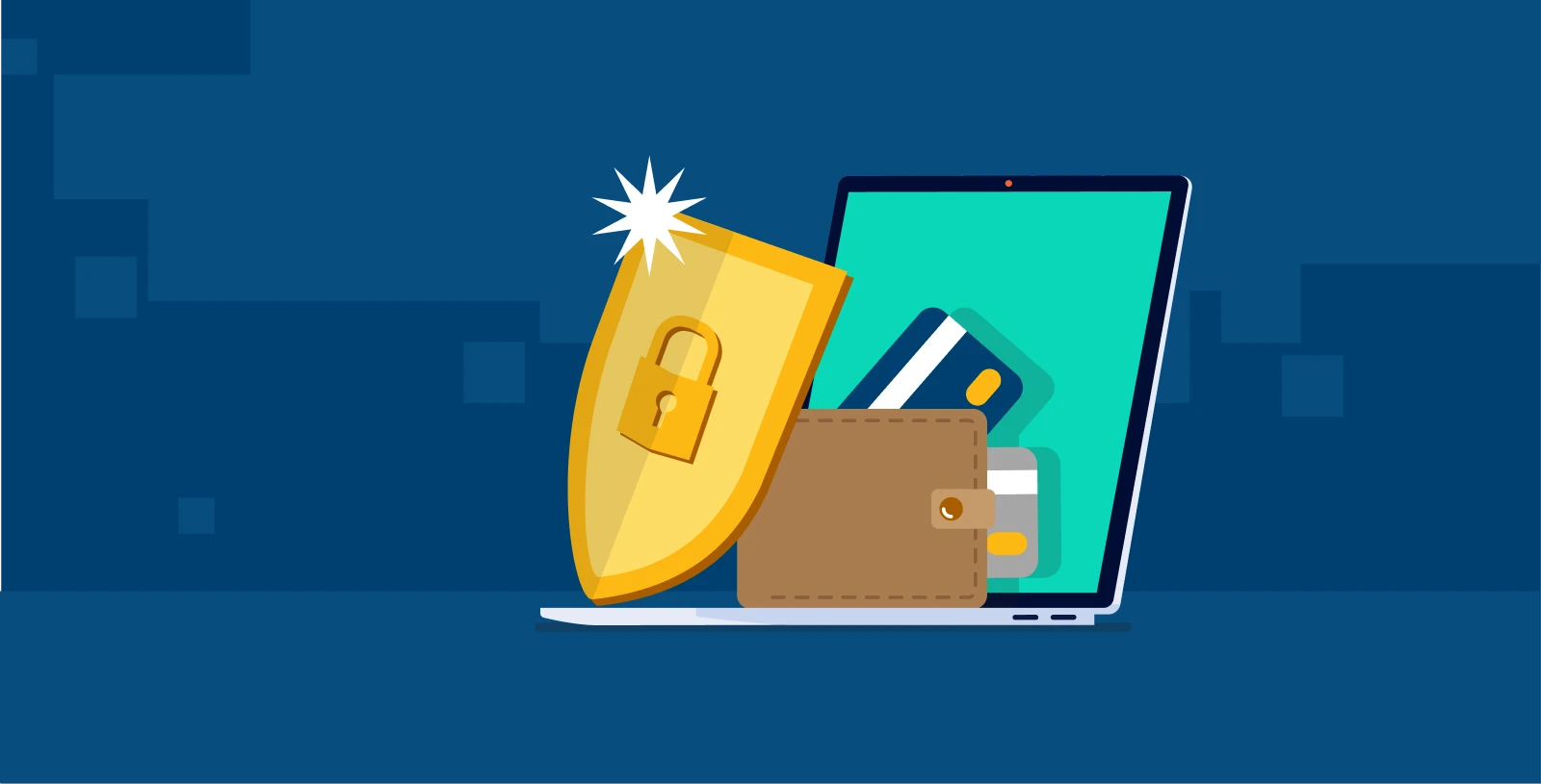 Un bouclier doré marqué d’un cadenas verrouillé protège un portefeuille rempli de cartes de paiement.