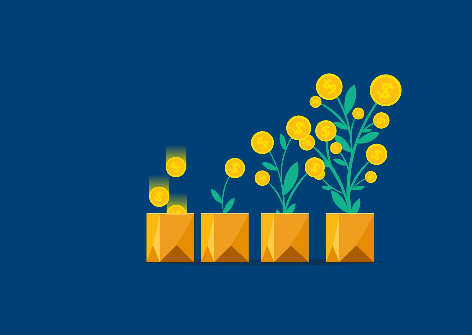 Quatre plantes en pot avec de grandes feuilles vertes et des pièces de monnaie poussant comme des fleurs. Des pièces de monnaie tombent de le premier pot, alors que les trois autres montrent une plante en croissance.