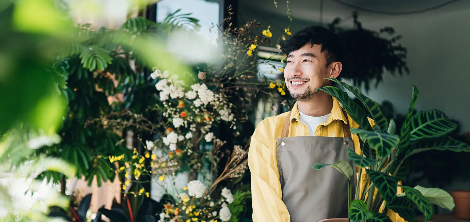 Un jeune homme portant un tablier tient une plante dans un magasin.