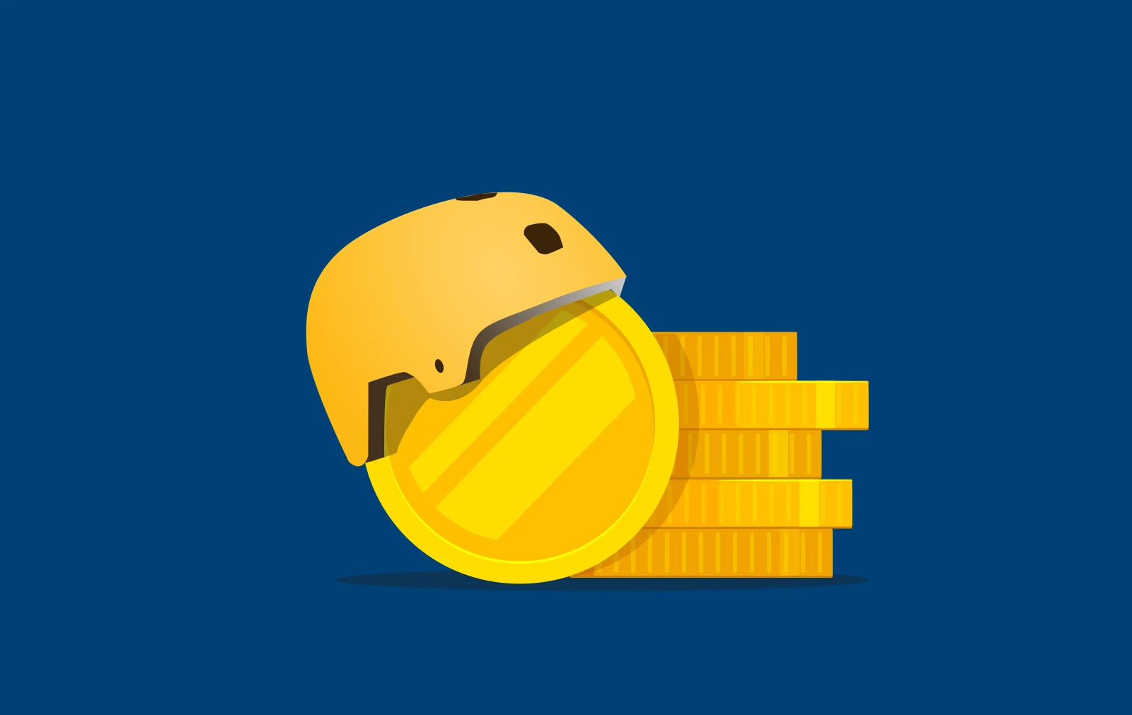 A gold coin wearing a yellow skateboard helmet leans against a stack of coins.